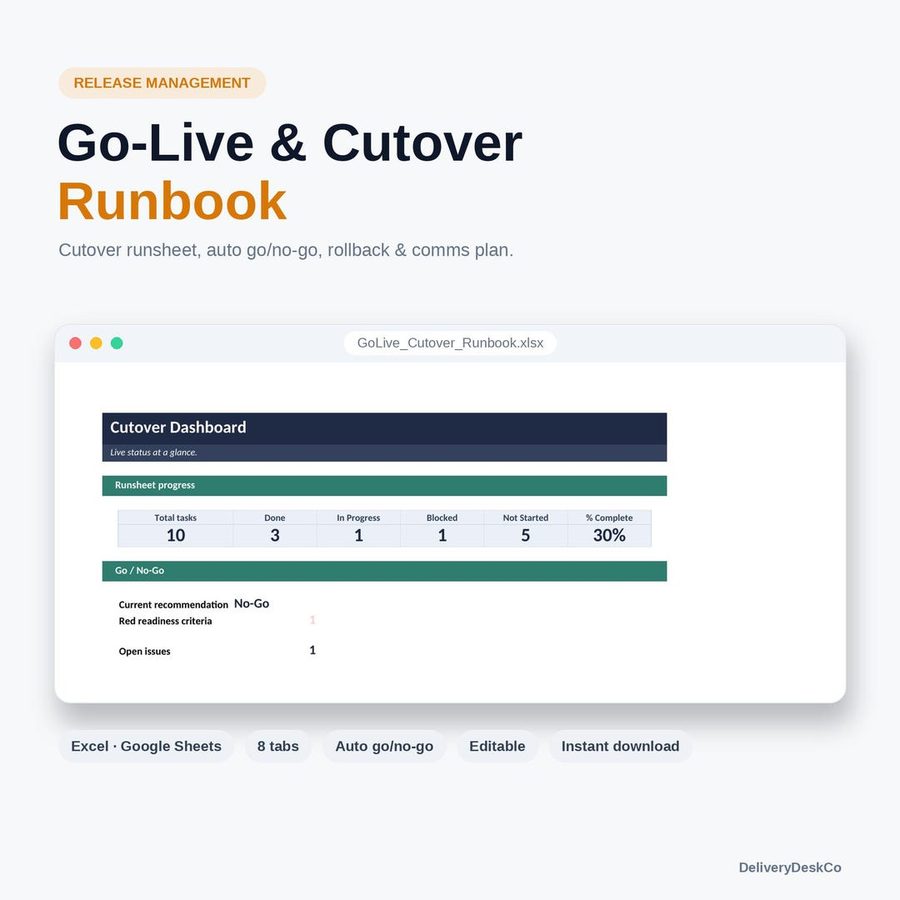 Runbook de cutover y pack de hypercare (Excel)