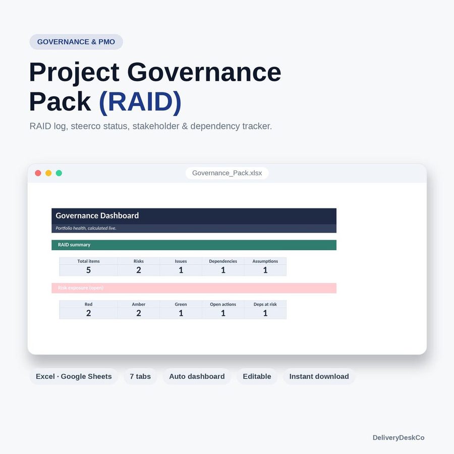 RAID log y pack de gobierno de programa (Excel + Google Sheets) — Excel